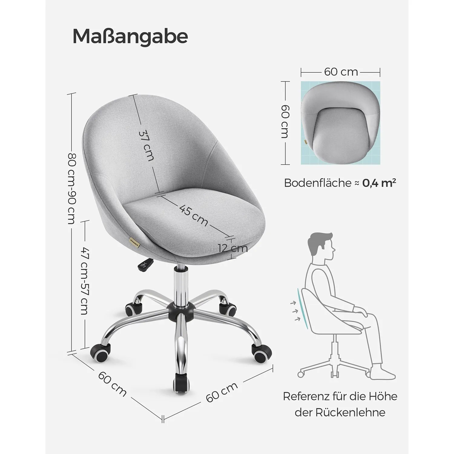 Grauer, höhenverstellbarer Songmics Schreibtischstuhl mit Rollen und Maßangaben.