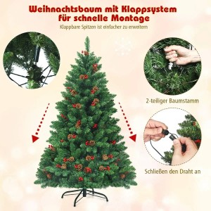 Grüner künstlicher Weihnachtsbaum 135cm mit LED-Lichtern, Tannenzapfen & Beeren. Klappsystem für einfache Montage.