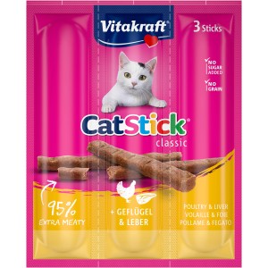 Vitakraft Cat Stick Geflügel & Leber, 3er-Pack. Katzenleckerli ohne Zuckerzusatz.