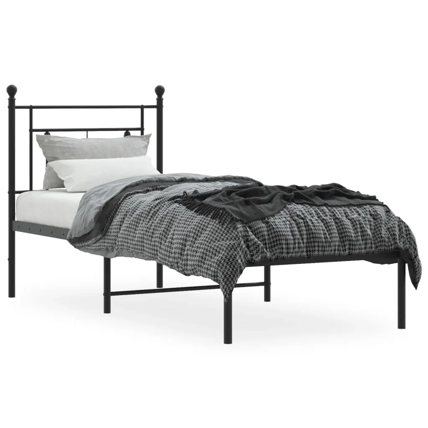 Schwarzes Metall Bettgestell 80x200 cm mit Kopfteil für Schlafzimmer.