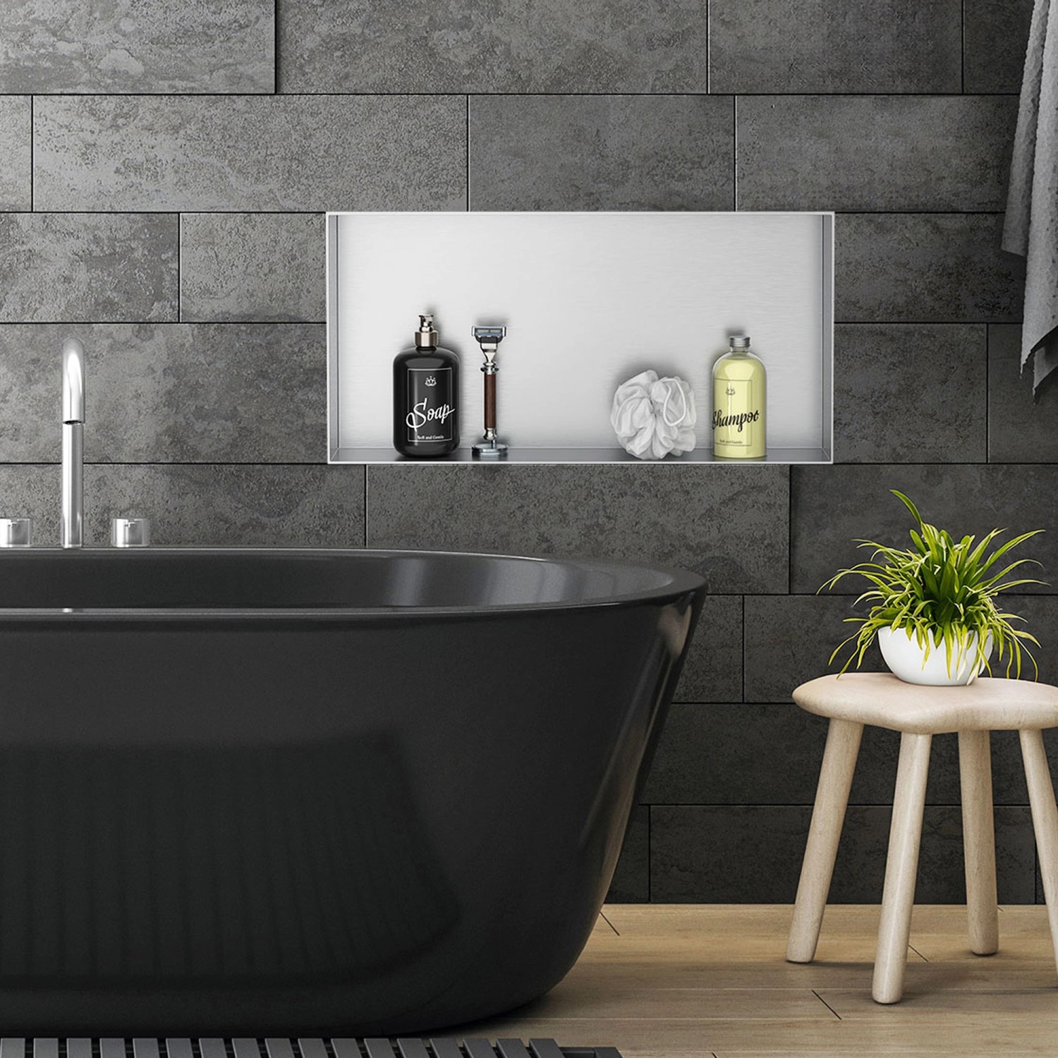 Eingebaute, silberne LuxeBath Wandnische aus Edelstahl (60x30x10 cm) im Badezimmer.