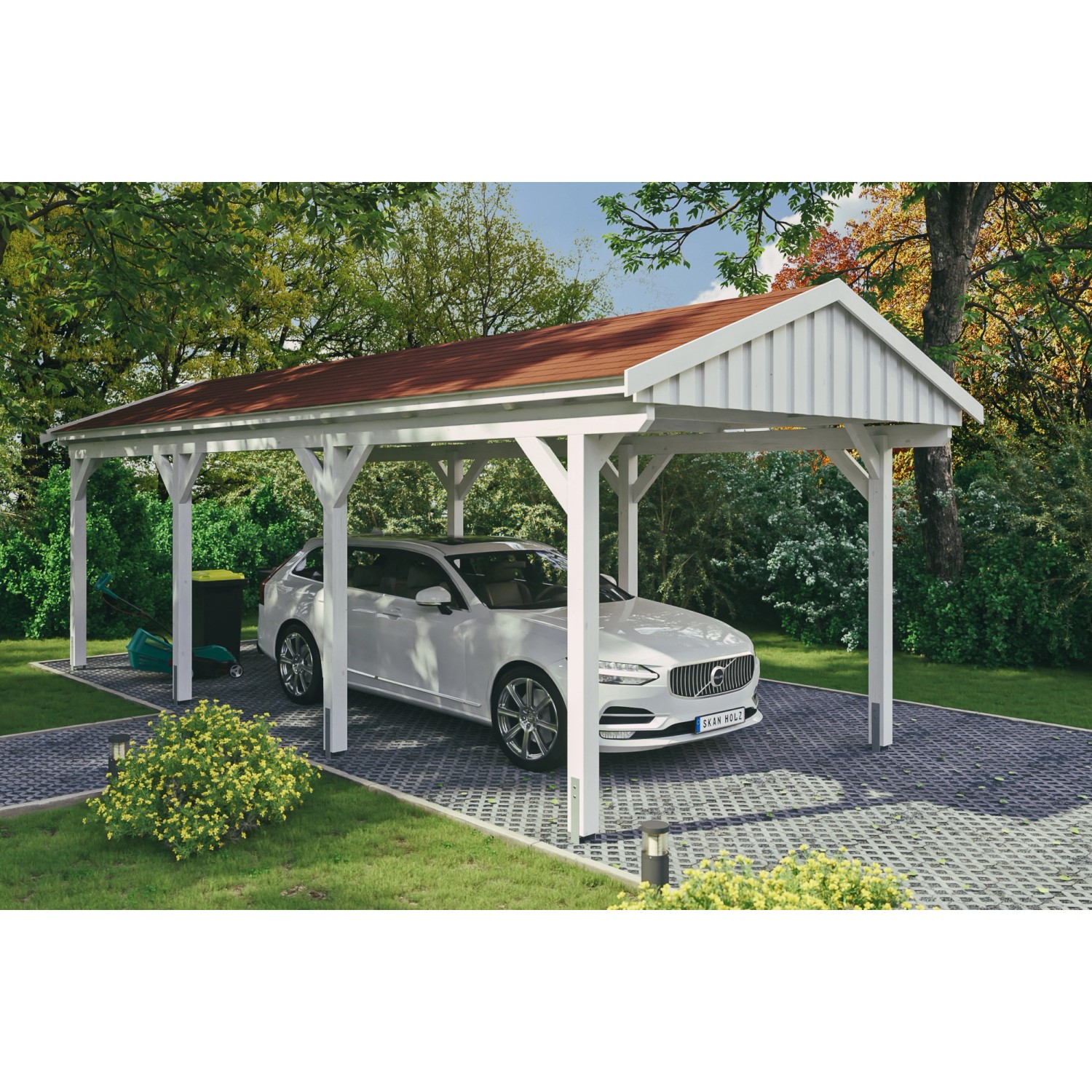 Skan Holz Carport Fichtelberg 317 cm x 808 cm Rote Schindeln Weiß günstig online kaufen