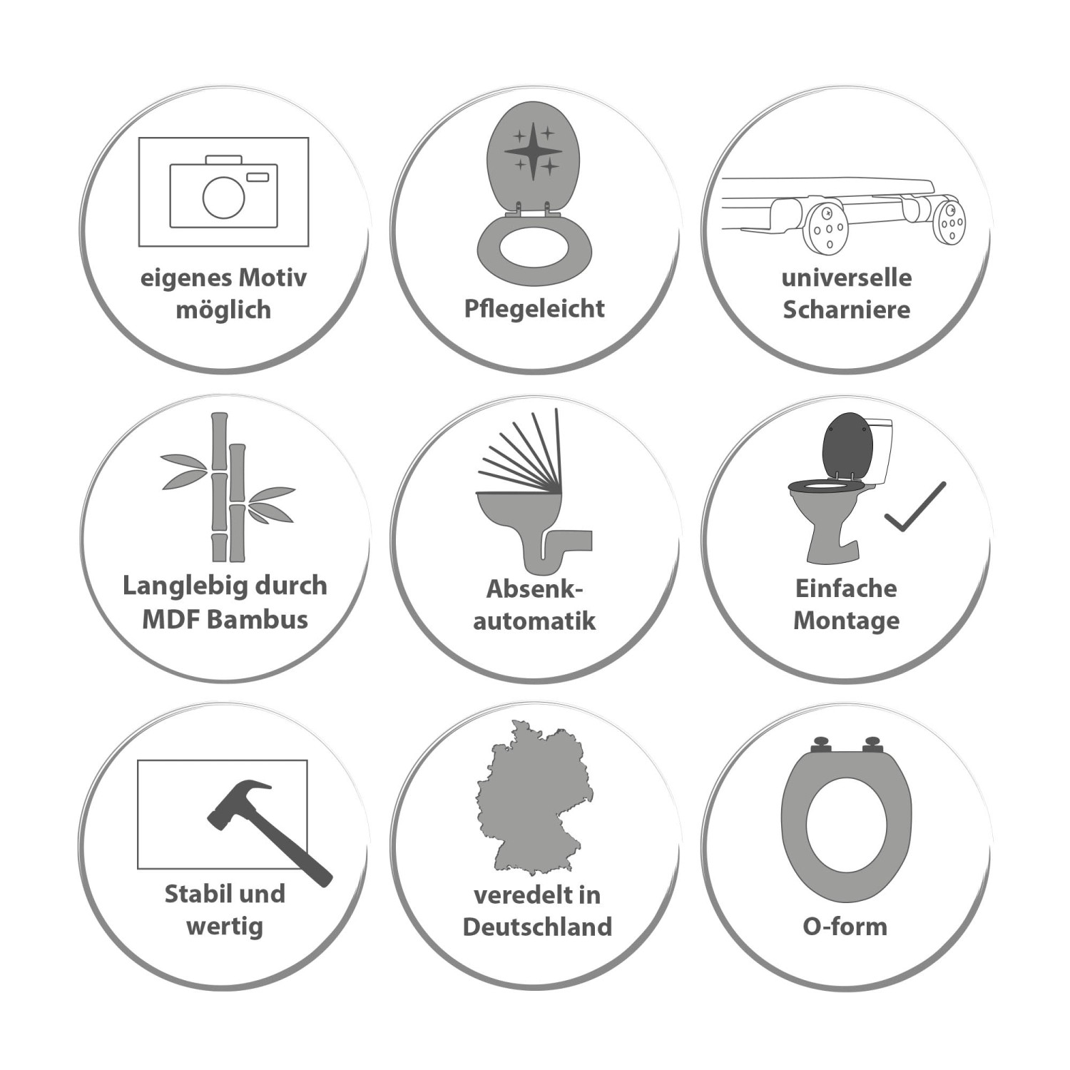 Piktogramme der Eigenschaften des Banjado WC-Sitzes aus Bambus mit Absenkautomatik.