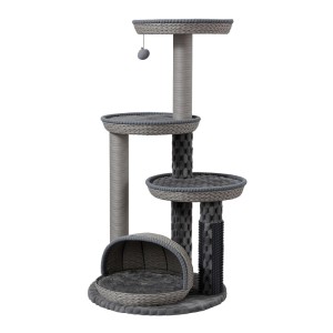 Grauer Wiltec Fudajo Urban Loft Kratzbaum, 115cm hoch, mit mehreren Ebenen, Höhle, Papierseil-Kratzstämmen und Spielball.