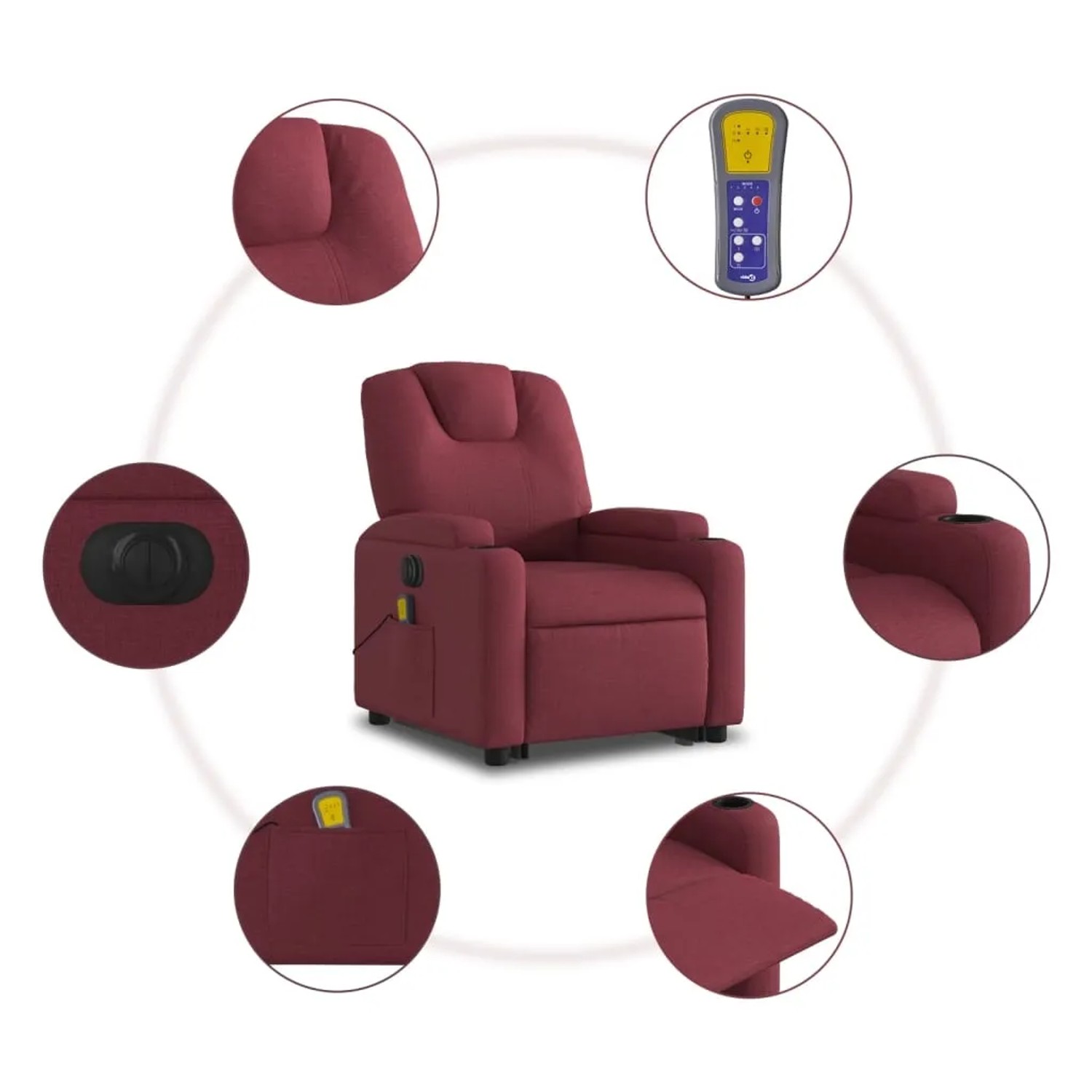Elektrischer Massagesessel mit Aufstehhilfe, weinrot, Stoff, mit Getränkehalter und Fernbedienung.