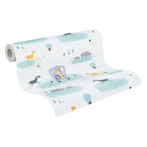Bunte Vliestapete mit Tiermotiven für das Kinderzimmer. FSC®-zertifiziert.