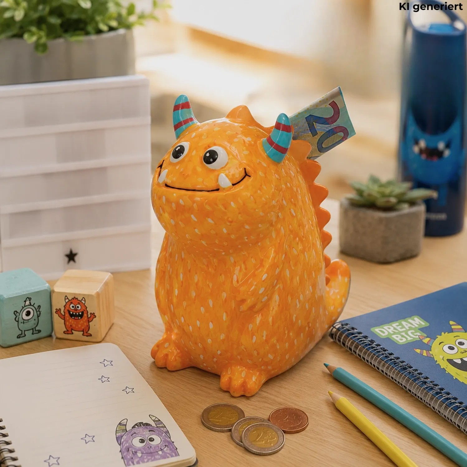 Freundliche gelbe Keramik Monsterspardose mit 20€ Schein, Münzen auf Schreibtisch. Kindersparschwein, Geschenkartikel.