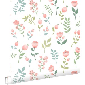 ESTAhome Vliestapete mit Blumenmuster in Rosa, Graugrün auf Weiß. Dekorative Tapete für Kinderzimmer.