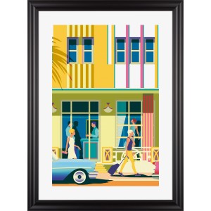 Schwarzer Kunststoffbilderrahmen 50x70 cm mit farbenfrohem Miami-Motiv.