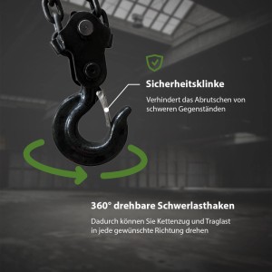 Detailaufnahme Kettenzug: Schwerlast-Haken mit Sicherheitsklinke, 360° drehbar für flexible Nutzung.