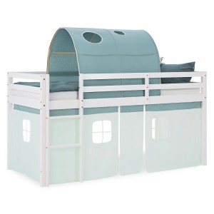 Weißes Kinder Hochbett 90x200 mit mintgrünem Tunnel und Vorhängen. Stabiles Holzbett mit Leiter.