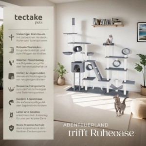 Grauer Tectake Kratzbaum Snooky mit Sisal, Liegemulden und Katzenhaus für Kletterspaß.