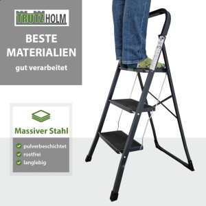 TRUTZHOLM Trittleiter mit 3 Stufen, klappbar, aus Stahl, mit Anti-Rutsch-Trittflächen in Anthrazit.