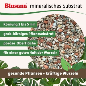 Blusana mineralisches Pflanzsubstrat, 2-5 mm Körnung, für gesundes Pflanzenwachstum und kräftige Wurzeln.