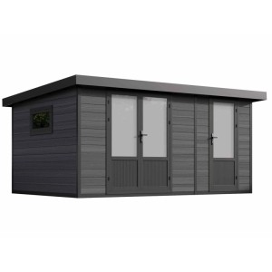 Modernes, graues Fjordholz WPC Gartenhaus Modell Style DeLuxe mit zwei Räumen, Fenster und Doppeltür.