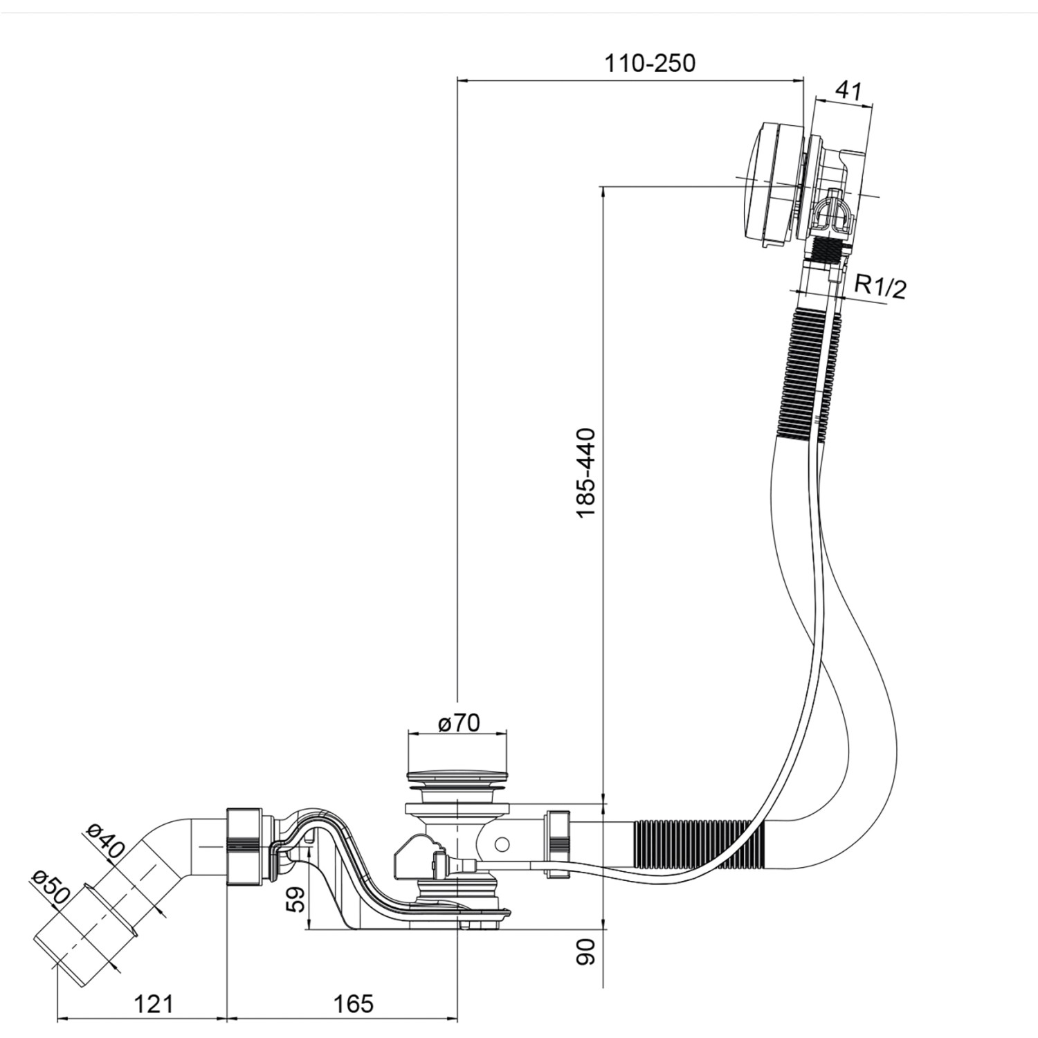 Technische Zeichnung: Ottofond Ab- und Überlaufgarnitur Luxus, schwarz-matt, mit Maßen.