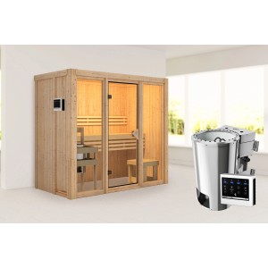 Karibu Sauna Sky 2 aus Fichte mit Ofen und externer Steuerung.