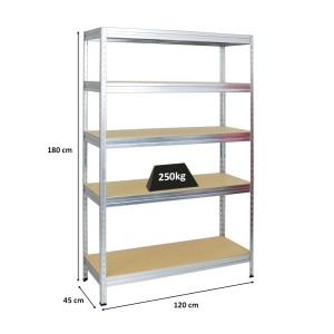 Verzinktes PROREGAL Schwerlastregal mit 5 Böden, 180x120x45 cm, Fachlast 250 kg.