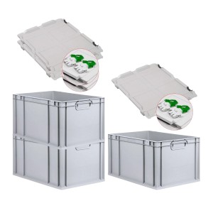 PROREGAL SuperSparSet: 3 graue Euroboxen mit Deckel und grünen Verschlüssen, 65 Liter.