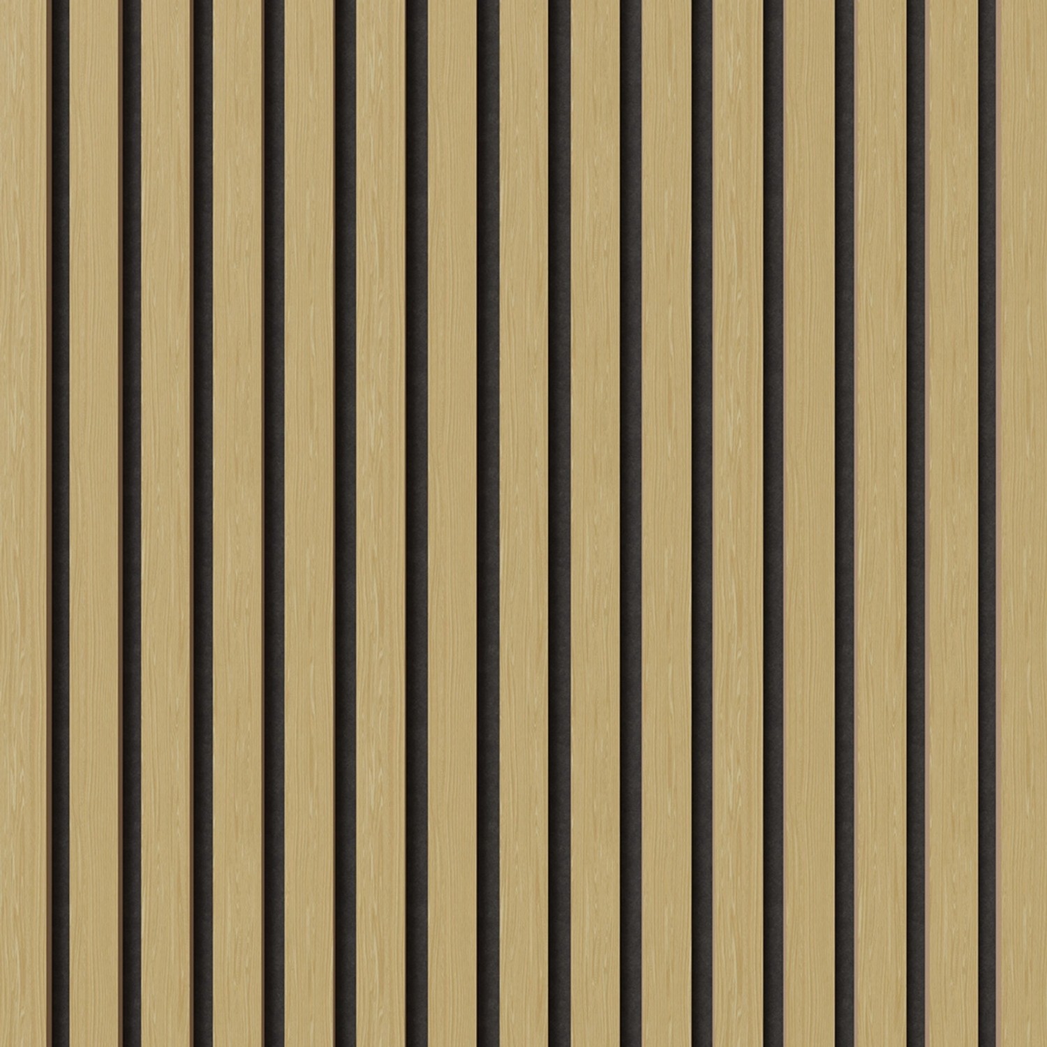 Akustikpaneel Eiche Natur, MDF-Leisten auf schwarzem Akustikfilz für Wand- und Deckenverkleidung.