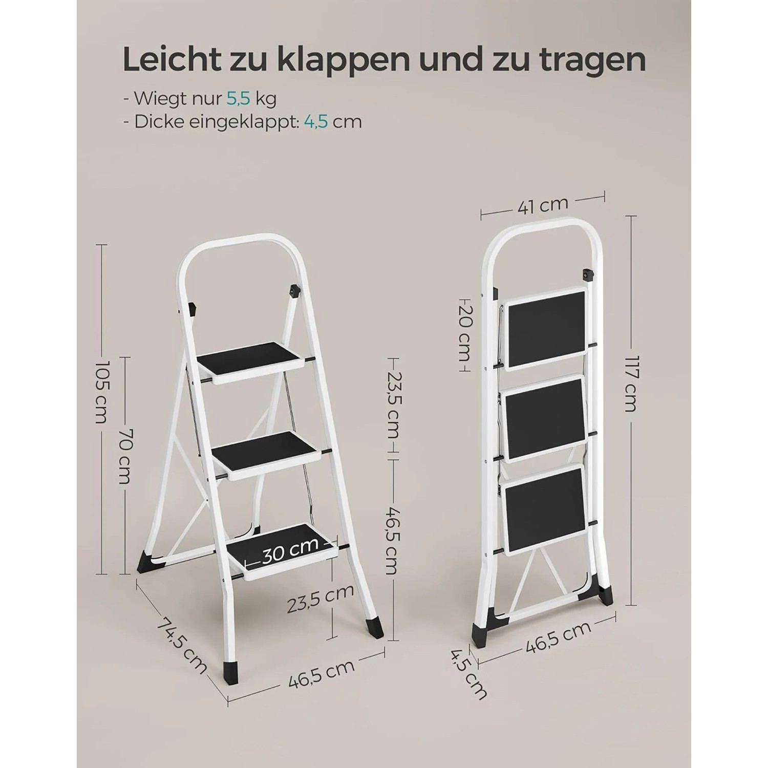 Songmics Trittleiter Brody, 3 Stufen, weiß-schwarz, offen und zusammengeklappt mit Maßangaben.