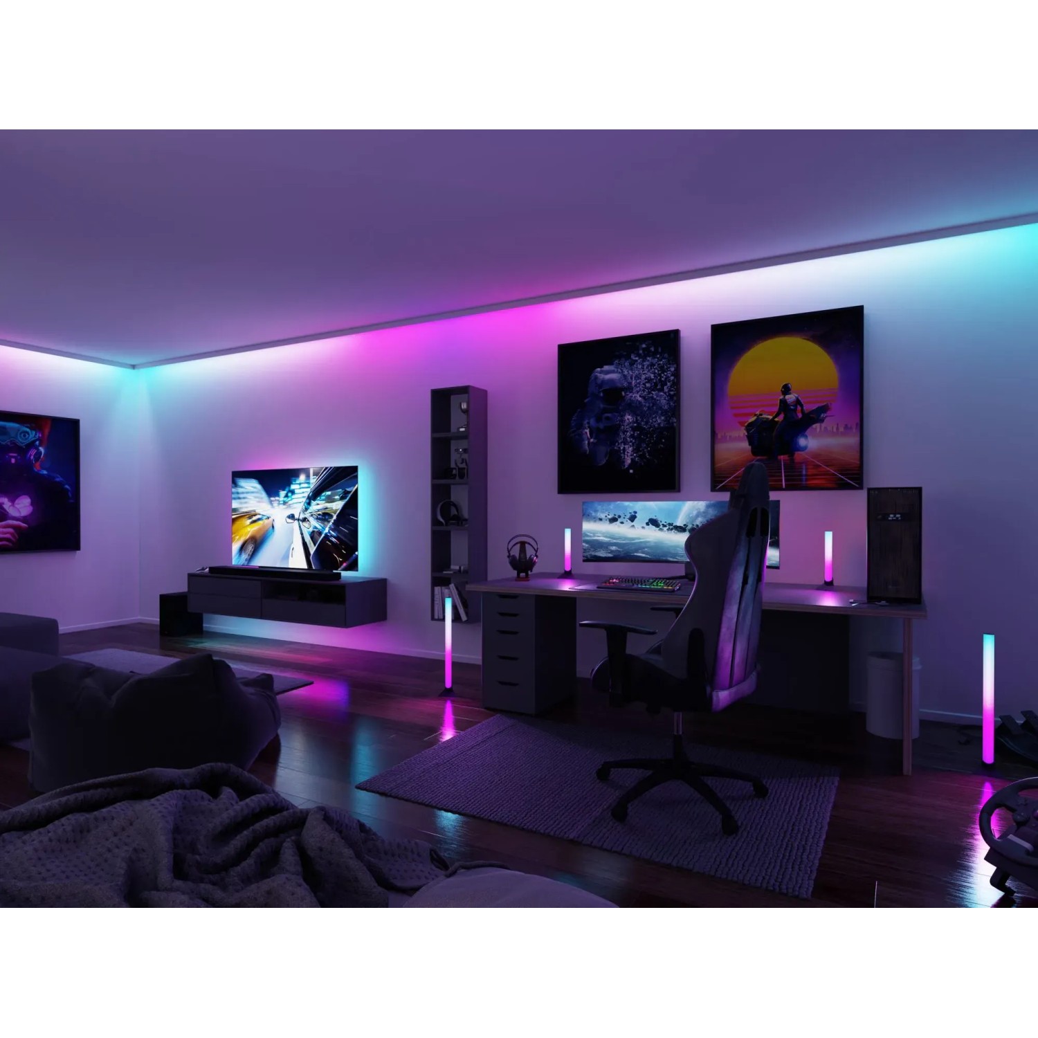 Zwei Paulmann LED Lichtsäulen im Gaming-Zimmer mit Farbwechsel für stimmungsvolle Beleuchtung.