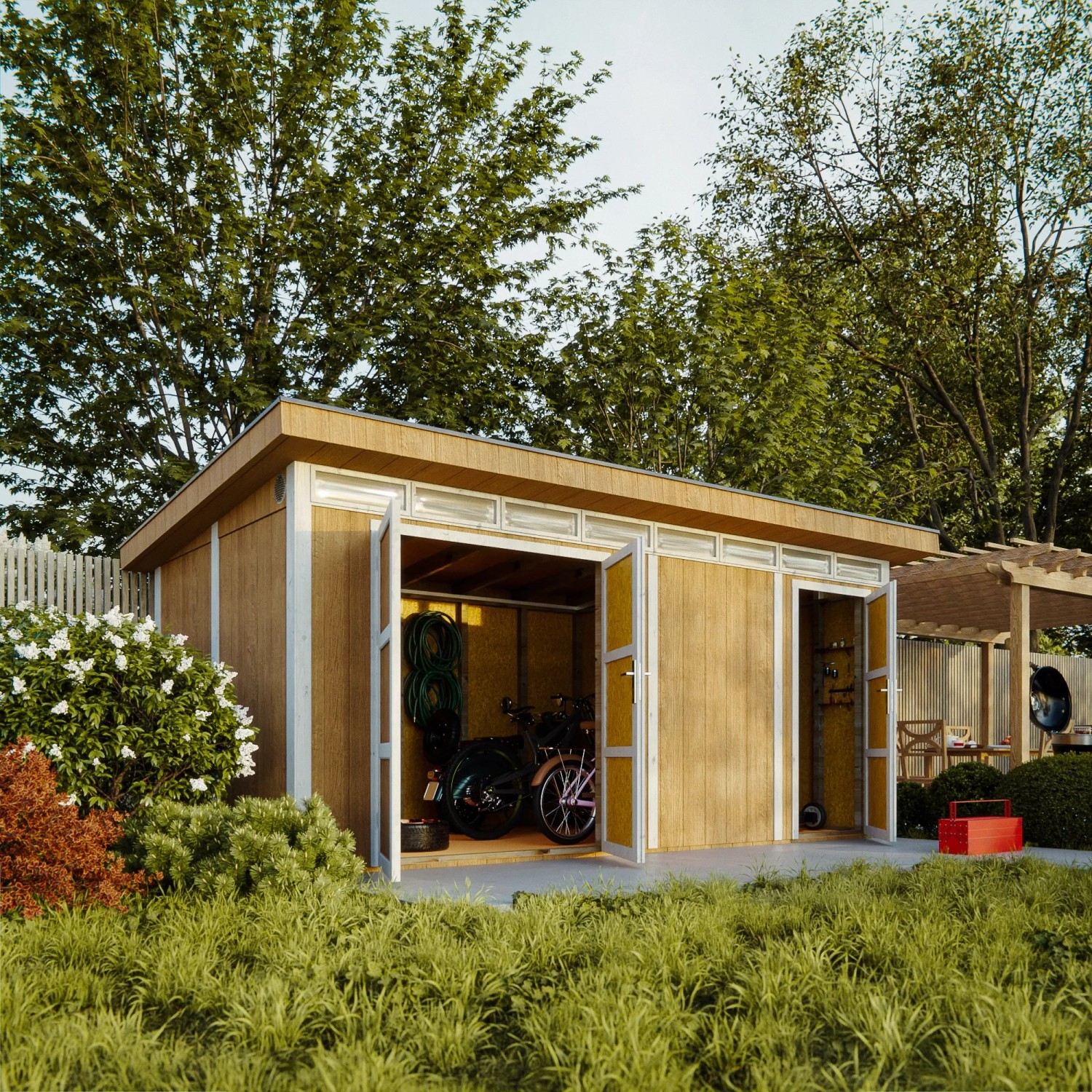 Grundiertes Timbela Holz-Gartenhaus mit Flachdach und geöffneten Türen, im Garten.
