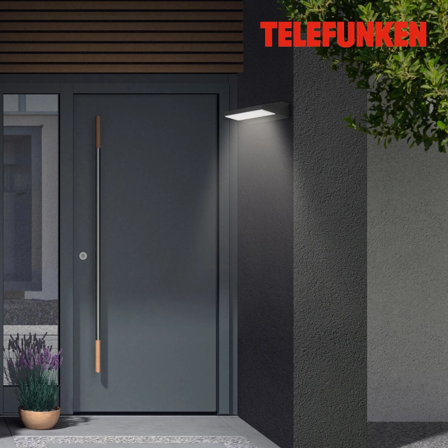 Moderne Telefunken LED-Außenleuchte Bergen, schwarz, 10W an Hauswand.