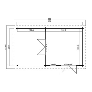 Grundriss Lasita Gartenhaus Anders 360x360 cm, Carbongrau, mit Maßen und Tür-/Fensterpositionen.