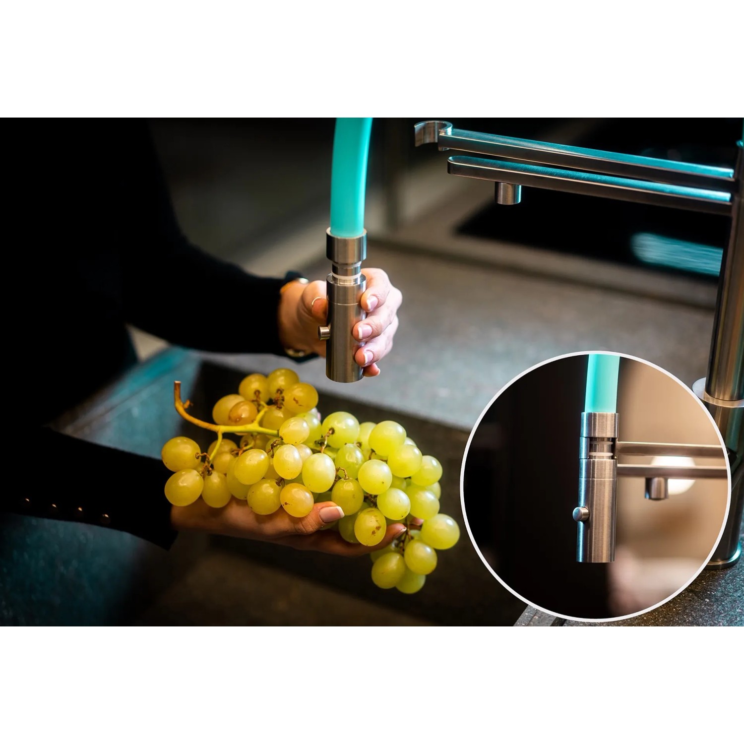 VIZIO 3-Wege-Küchenmischer Mit Filterwasser-Kanal & Handbrause – Schwenkbar, Chrom/schwarz, DVGW-zertifiziert