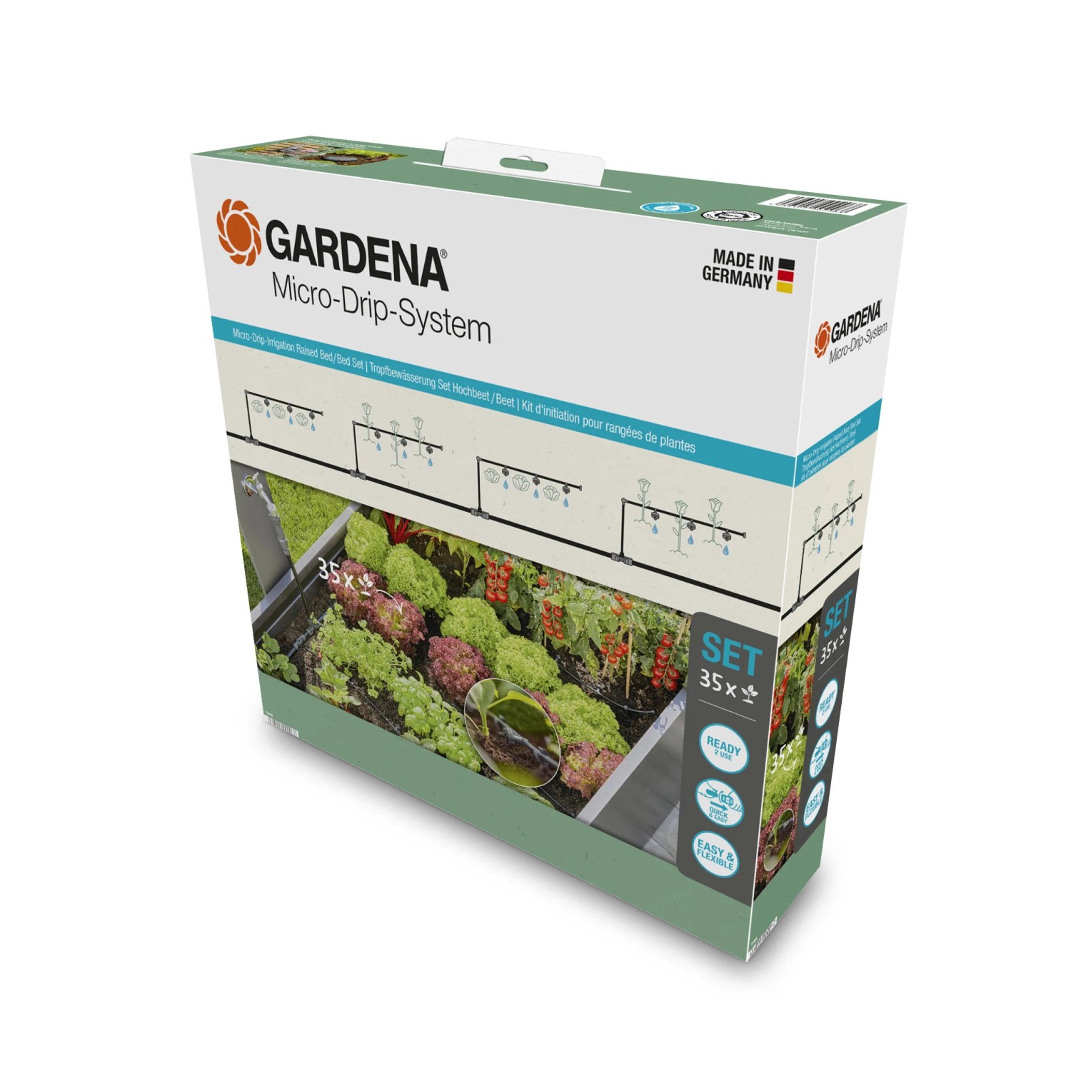 Verpackung des Gardena Tropfbewässerung Set für Hochbeet/Beet (35 Pflanzen).