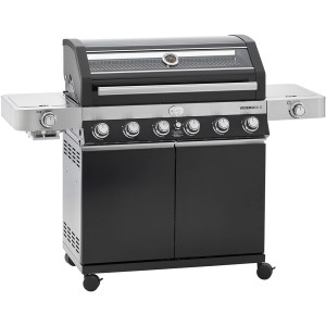 Schwarzer Rösle Gasgrill Videro G6-S Vario+ mit 6 Brennern, Seitenbrenner und Glasdeckel.