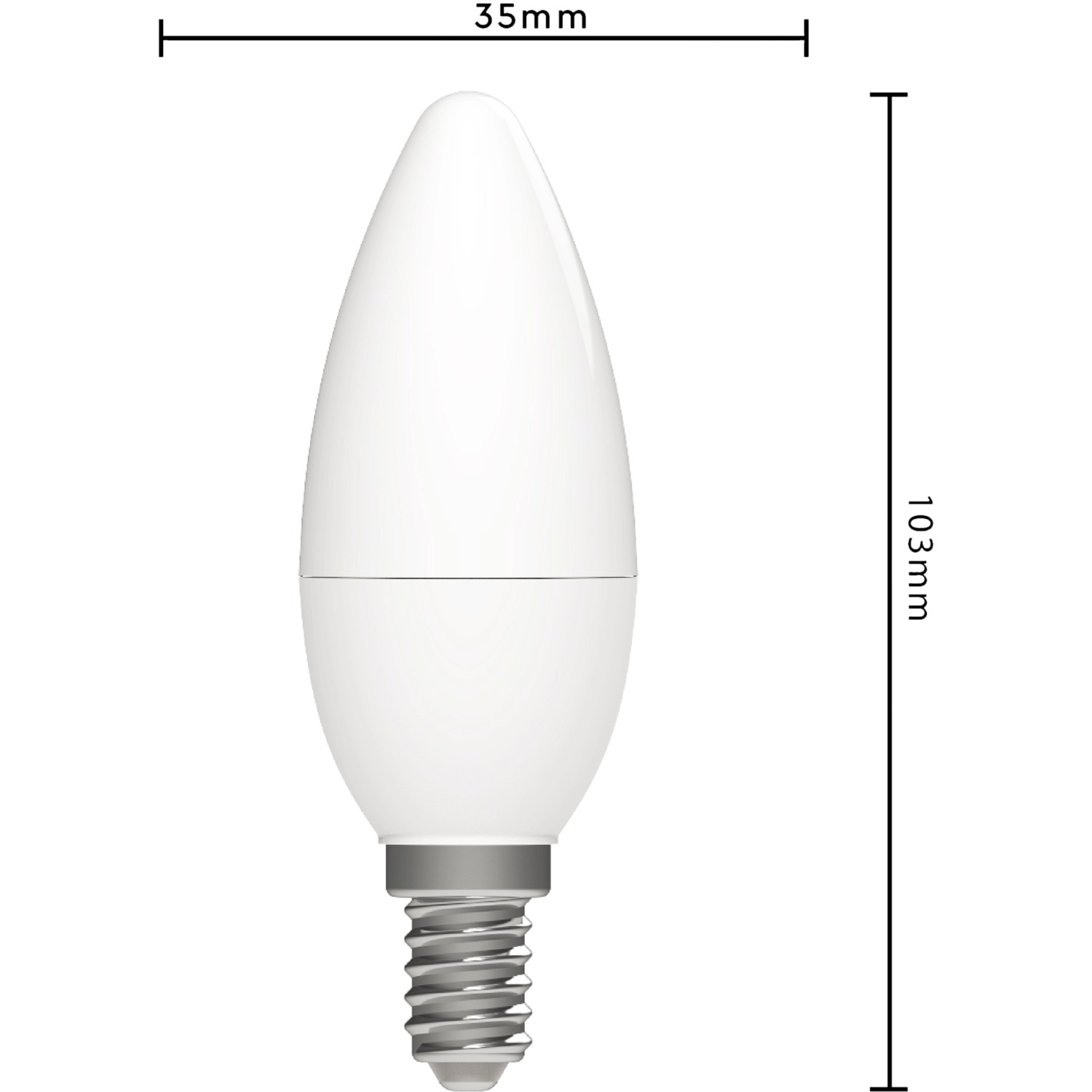 E14 LED-Leuchtmittel in Kerzenform C35, 4,9W, 470lm, Ø 3,5cm x 10,3cm. Warmweißes Licht.