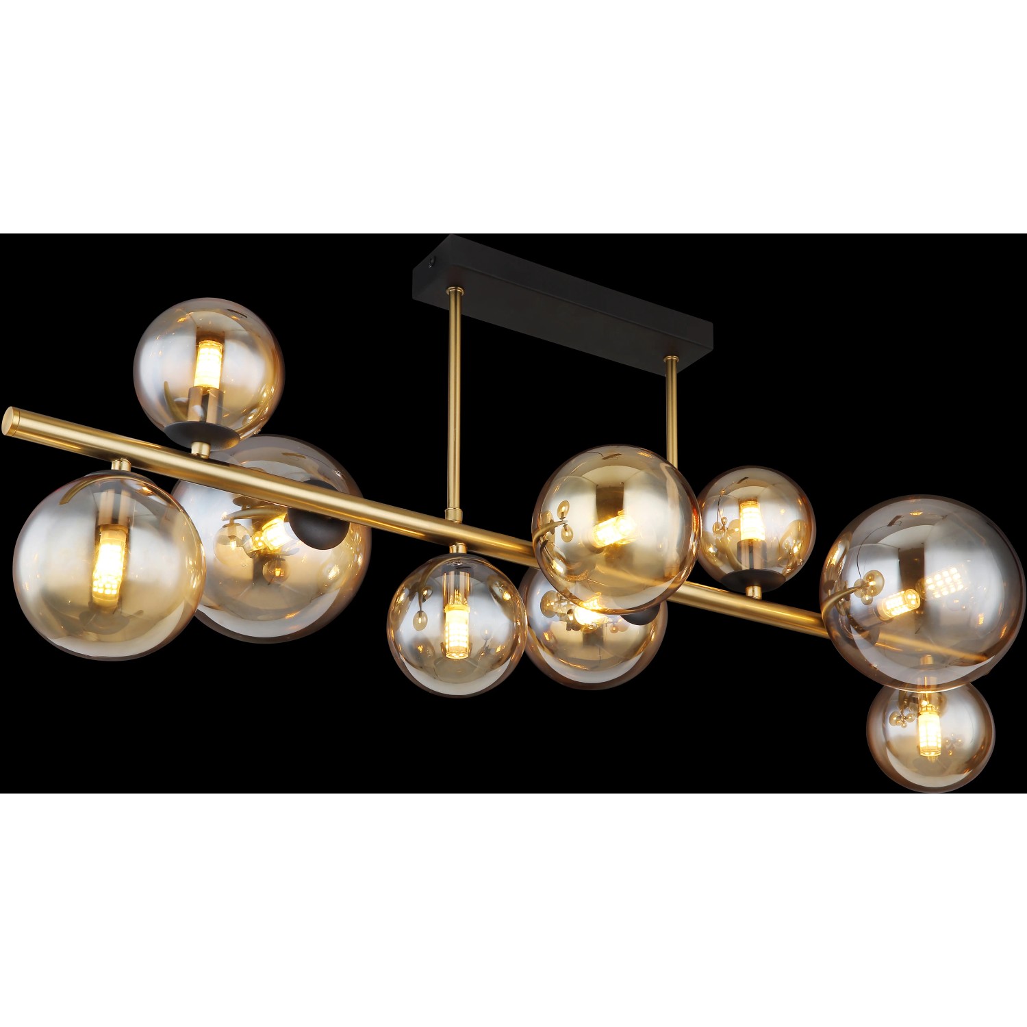 Moderne, 9-flammige LED-Deckenleuchte Riha in Schwarz matt mit amberfarbenen Glaskugeln.