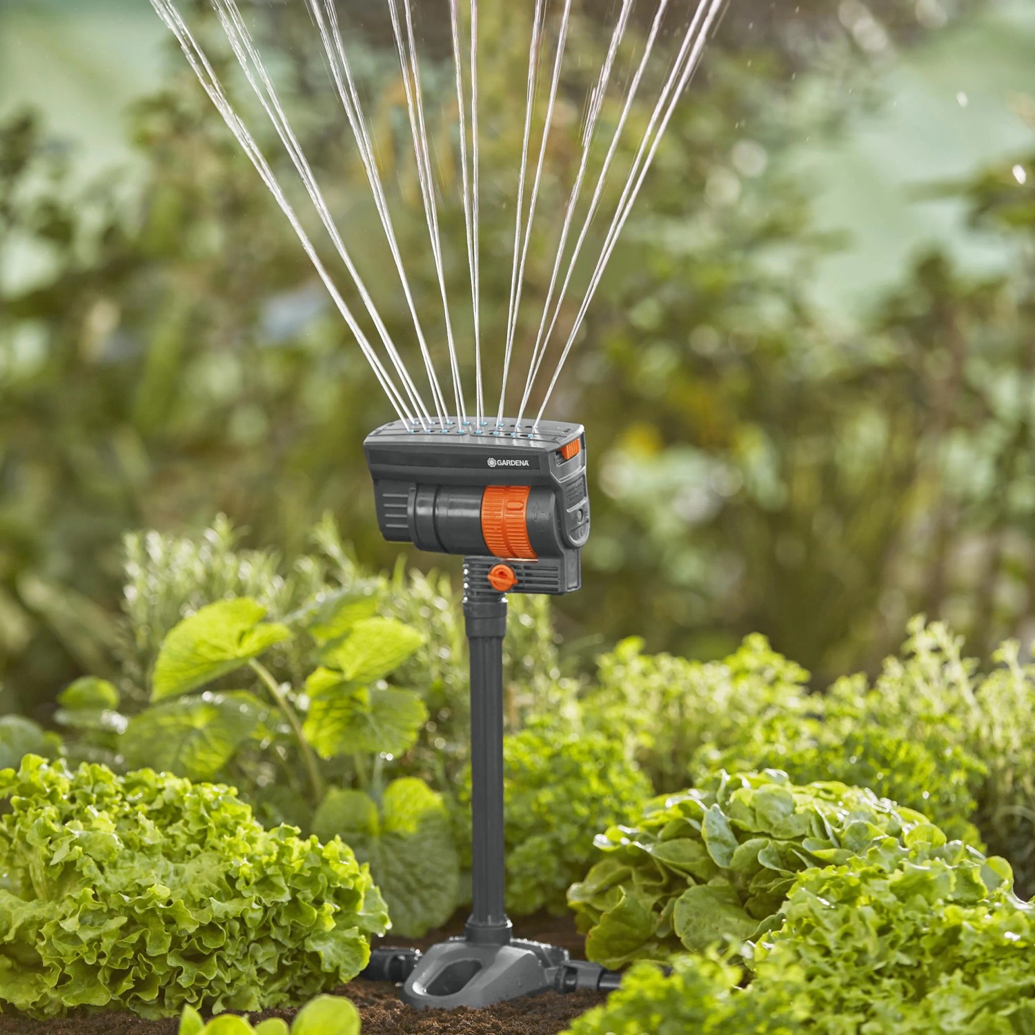Gardena Viereckregner OS 90 mit Verlängerungsrohr im Einsatz, Micro-Drip-System zur Gartenbewässerung.