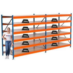 PROREGAL Weitspannregal MAXIMUS PRO, blau/orange, mit 6 Spanplatten-Fachböden, Fachlast 690kg, 200x400x100cm