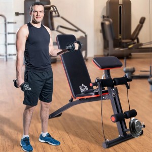 HOMCOM Hantelbank mit Mann beim Hanteltraining, schwarz/rot, bis 120kg.