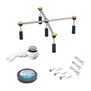 Ottofond Montage-Set für Duschwannen mit Ablaufgarnitur, Füßen, Schallschutzband und Befestigungsmaterial.