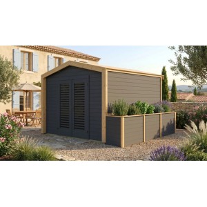 Anthrazitfarbenes Holz-Gartenhaus GH Killarney HB 300 mit integriertem Hochbeet.