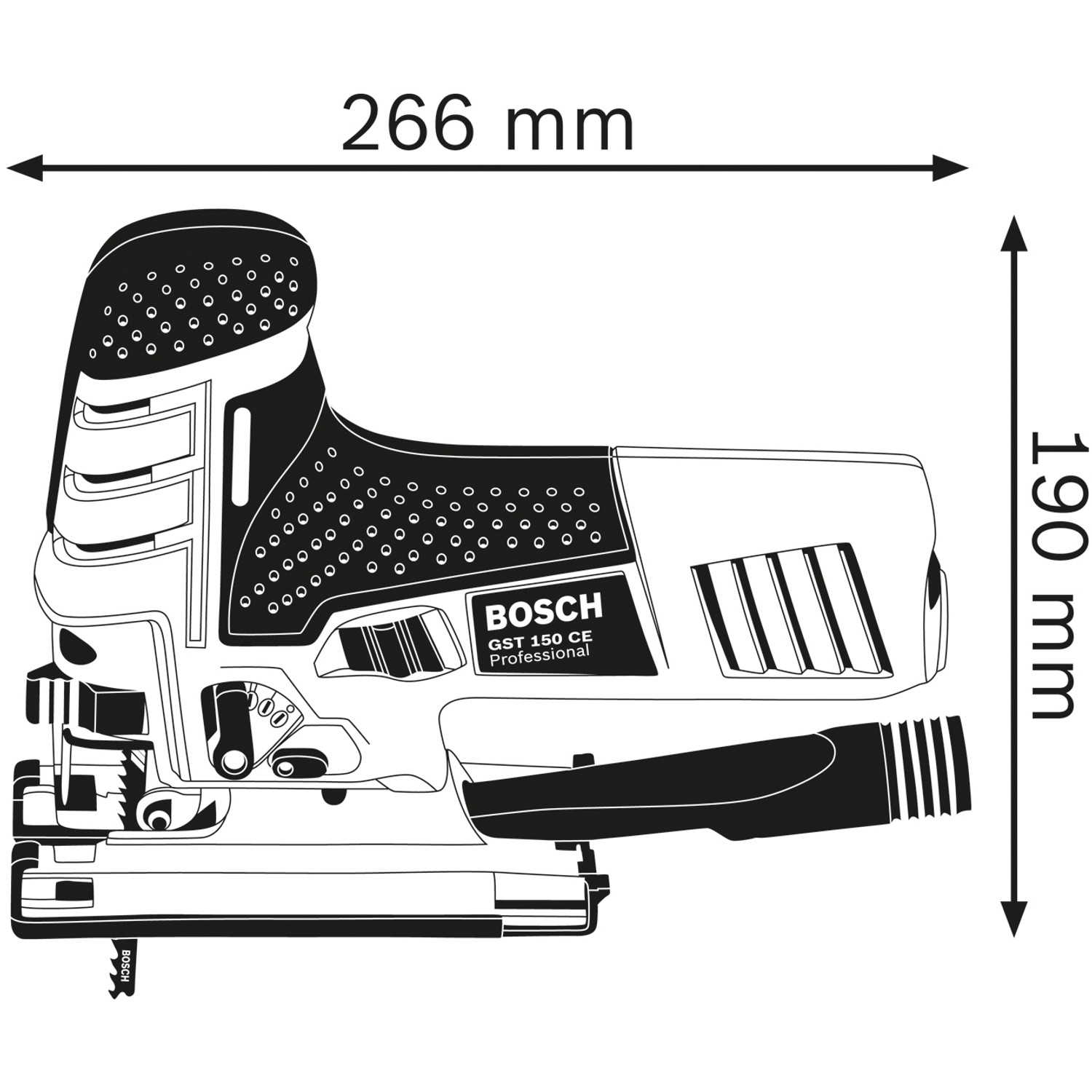 Skizze der Bosch Professional Stichsäge GST 150 CE mit Maßangaben.