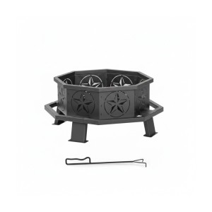 Achteckige schwarze Stahl-Feuerschale mit Sternenmuster und Schürhaken für Garten und Terrasse.