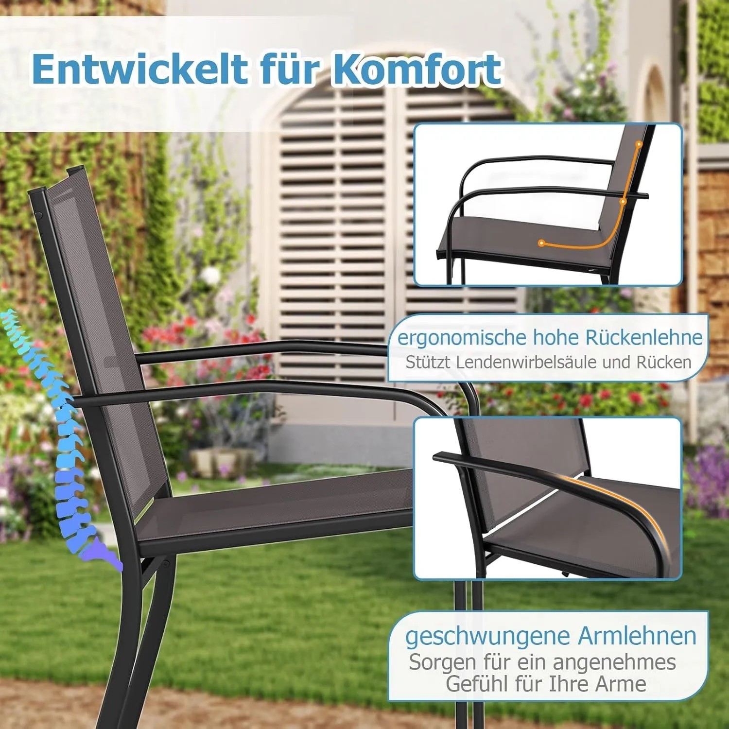 Grauer Textilene Gartenstuhl mit schwarzem Metallrahmen. Ergonomische Rückenlehne und geschwungene Armlehnen bieten hohen Sitzkomfort.