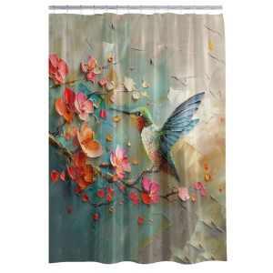 Duschvorhang Petalo: Bunter Kolibri an roten Blüten auf Ast. Dekoratives Design für Ihr Badezimmer, 180x200 cm.