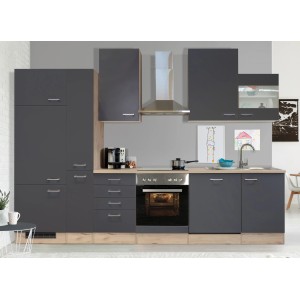 Moderne Küchenzeile Morena in Basaltgrau und San Remo Eiche hell mit E-Geräten.