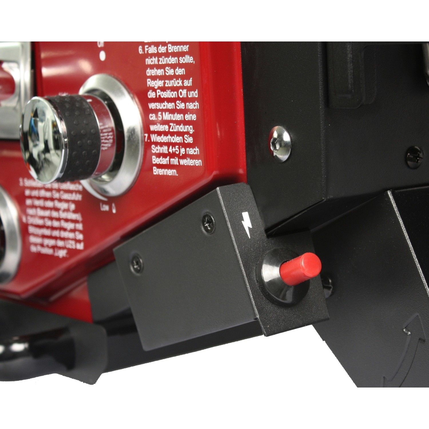 Detailaufnahme des El Fuego Tischgasgrill Smoker Medison, rote Bedienelemente und Zündung.