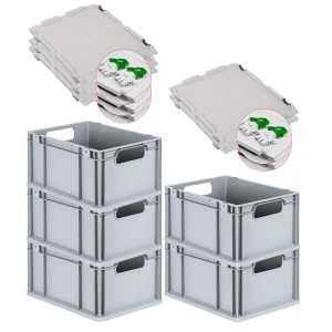 PROREGAL Spar Set: 5 graue Euroboxen mit Scharnierdeckel und grünen Verschlüssen, 20 Liter.