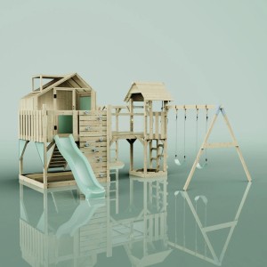 Holz-Spielturm Knut mit Rutsche, Kletterwand und Doppelschaukel in Mintgrün für den Garten.