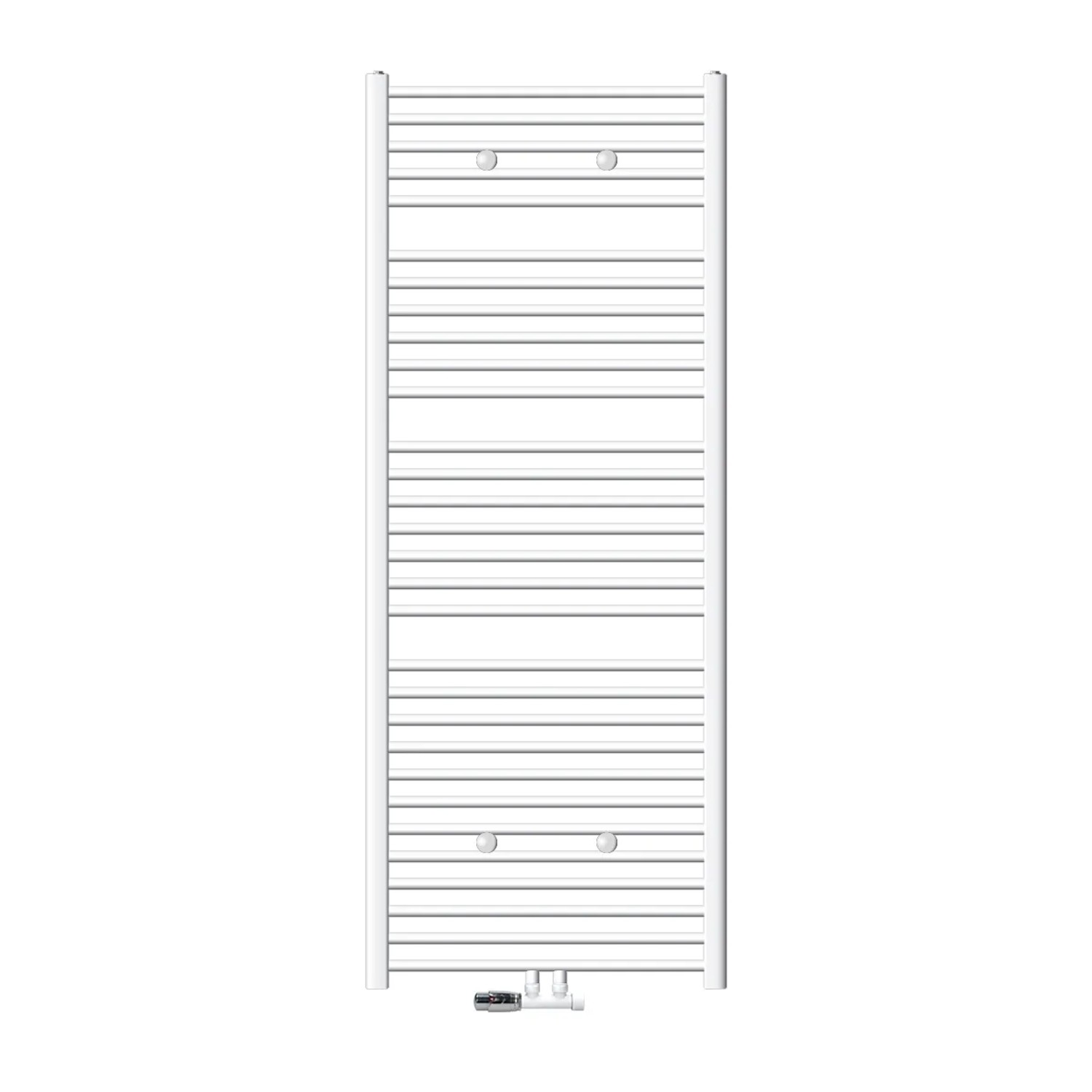 Weißer ECD Germany Badheizkörper 750x1800 mm mit Eck-Anschlussgarnitur für die Wandmontage.