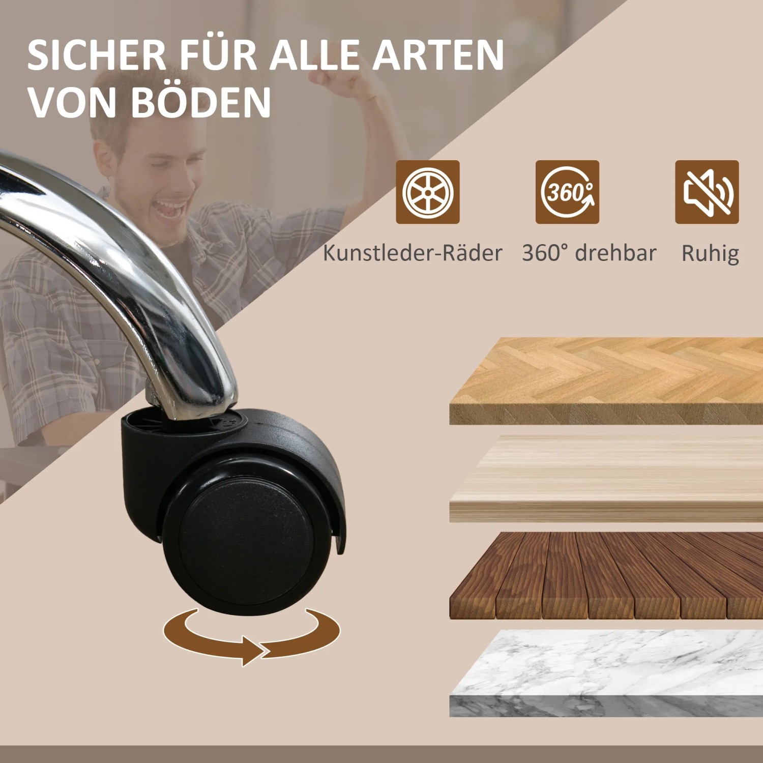Rollen des Bürostuhls für alle Bodenarten geeignet, 360° drehbar.