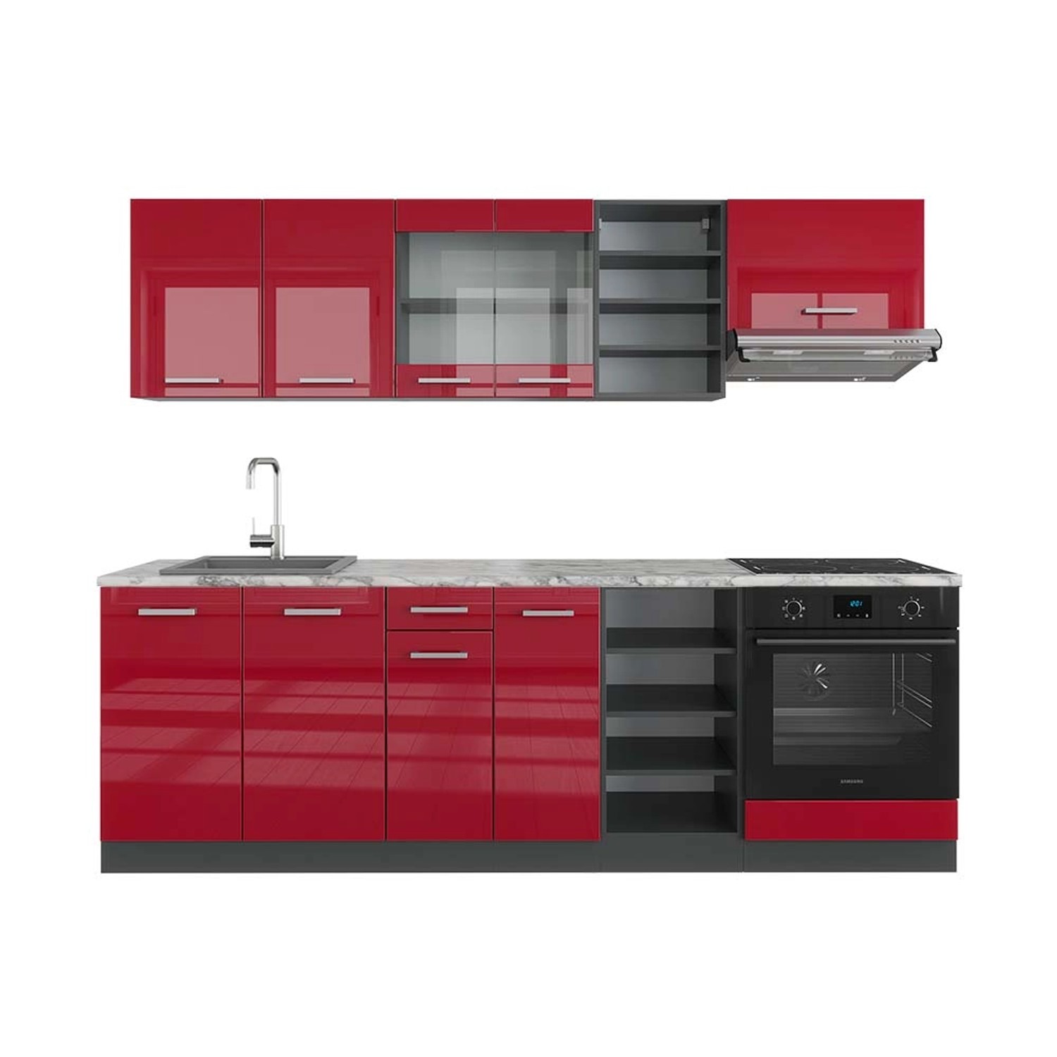 Vicco R-Line Küchenzeile Bordeaux Hochglanz/Anthrazit 240 cm AP Marmor günstig online kaufen